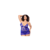 Babydoll bleu grande taille dentelle, résille et string 